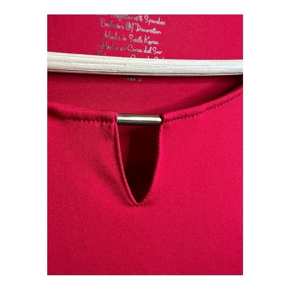 Chicos Cherry Red Demi Woven Mix Knit Top 3/4 Sleeve Hi Lo Hem Women Large - Picture 8 of 16